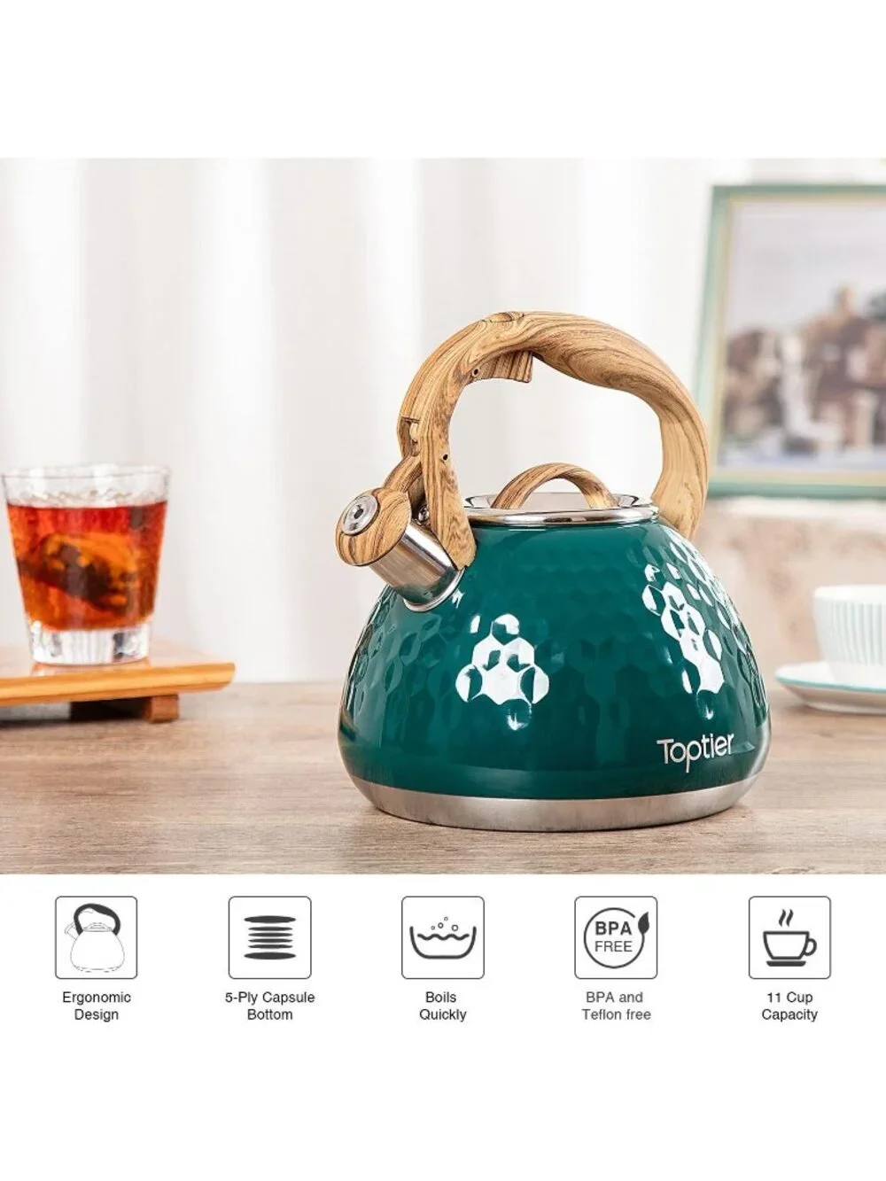 Green Kitchen Whistling Tea Kettle 2.7QT Stainless Steel Diamond Design Stovetop
